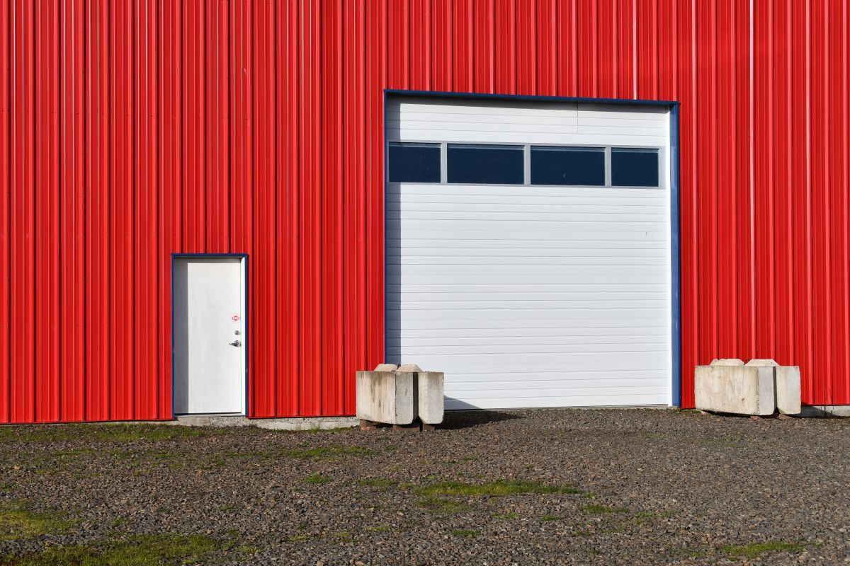 Bright red American made commercial steel structure.
